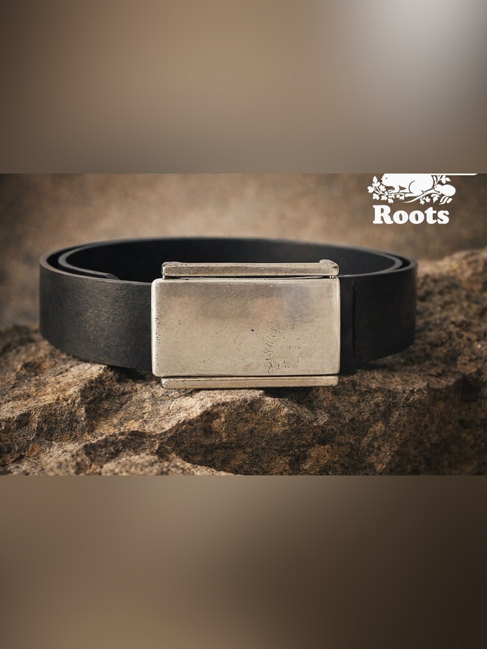 Roots Mens Black Leather Belt Silver Buckle 36” Canadian Fashion streetwear